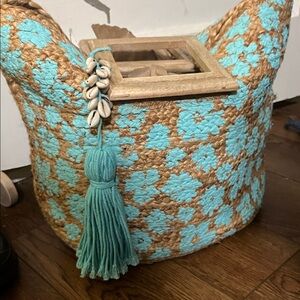 Handwoven Turquoise and Natural Straw Tote with Wooden Handles